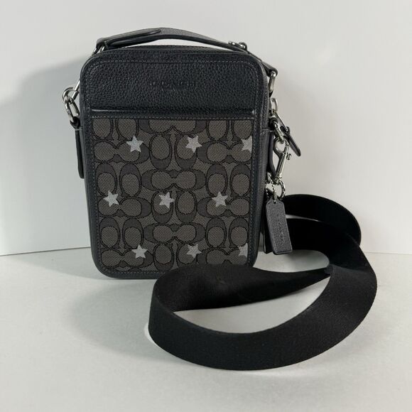 Coach Sullivan Jacquard black silver heart print crossbody purse bag handbag sma - Picture 2 of 16